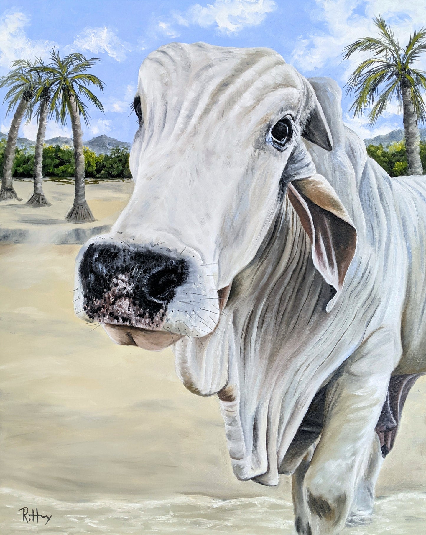 Alfonzo at the Beach - Brahman Cow Painting - Original Oil on Canvas - 24x30 Inches