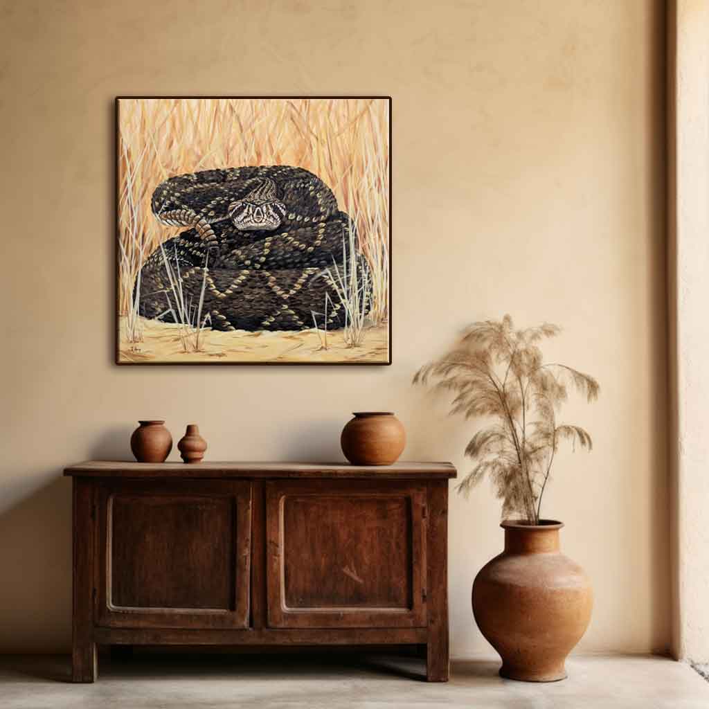 A room with a painting of an eastern diamondback rattlesnake. The snake is hiding in some dry grass. The painting is hung on the while above a small wooden table. And on and beside the table is a small collection of brown terracotta pots.