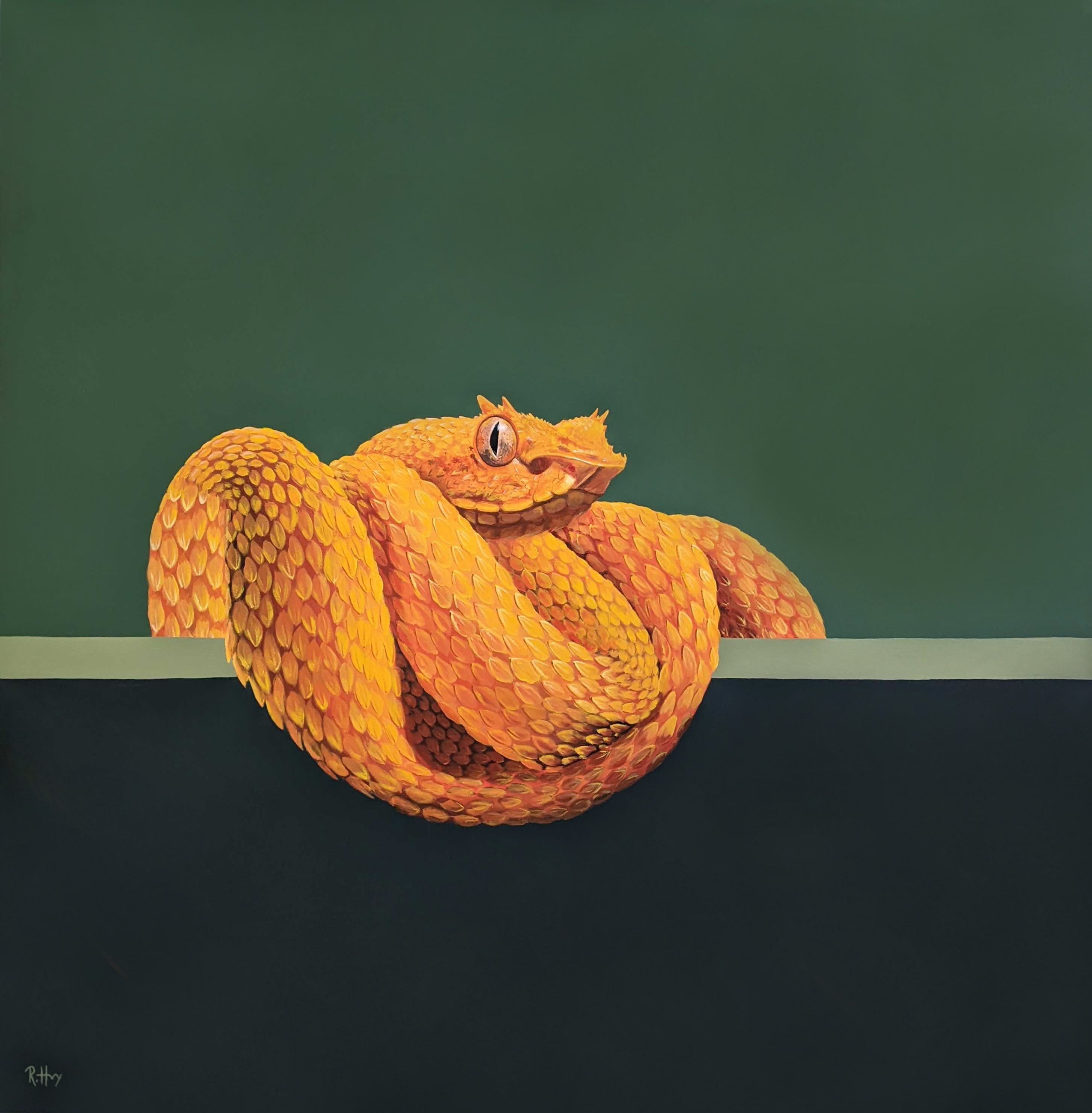 a painting of a yellow eyelash viper against a green background